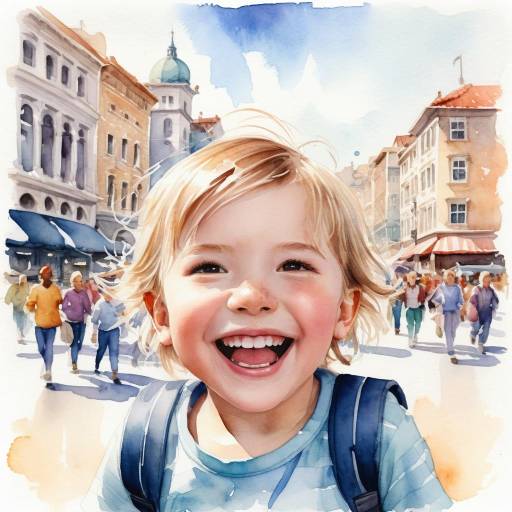 Joyful Child in Vibrant City Square
