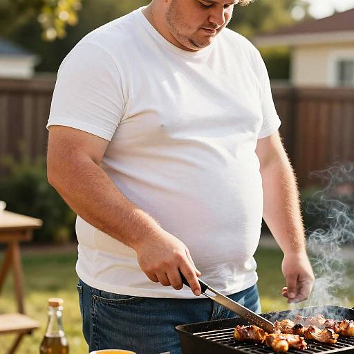 Photograph of a middle-aged, overweight man in a white t-shirt and blue jeans, grilling meat outdoors with a grill in the foreground.
