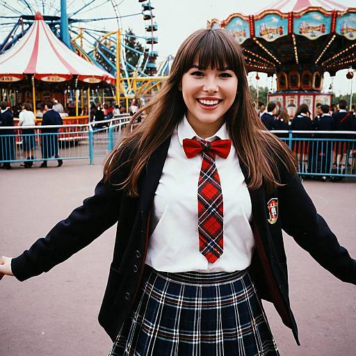 Photograph of a smiling young woman with long brown hair, wearing a black school blazer, white shirt, red bowtie, and plaid skirt