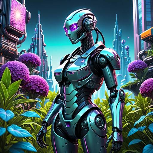 Futuristic Female Robot in Neon City Garden