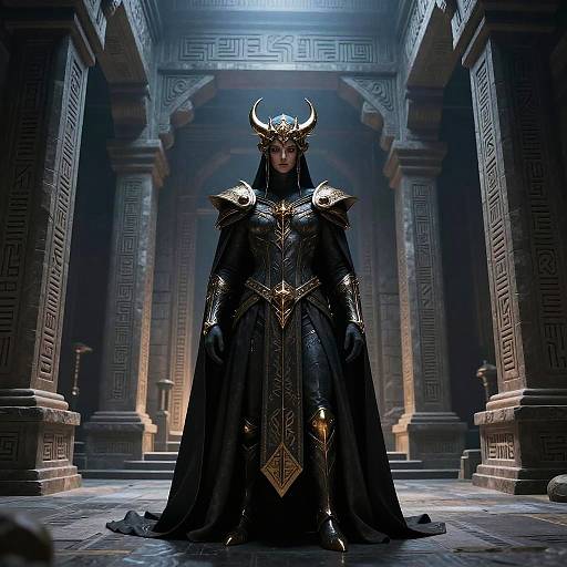 CGI fantasy image of a stern, dark-skinned woman in black, ornate armor with horns, standing in a dimly lit, ancient temple