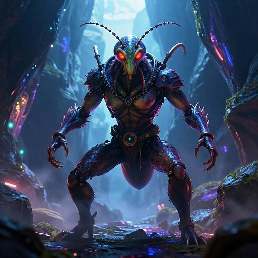 Cyberpunk Insectoid Paladin in Bioluminescent Canyon
