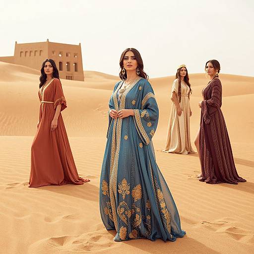 Photograph of four women in traditional South Asian attire standing in a desert with sand dunes and a distant building. They wear blue, brown, and