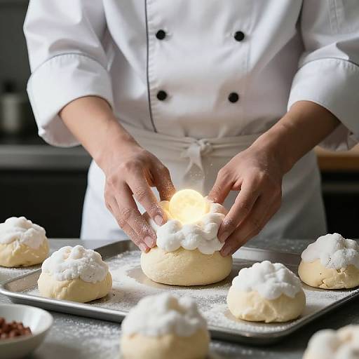 Photograph of a chef's hands lighting a puff pastry topped with whipped cream, surrounded by similar pastries on baking trays.