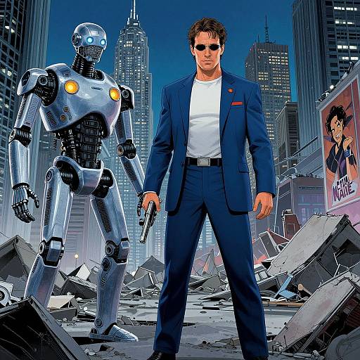 Futuristic Man and Robot in Ruins