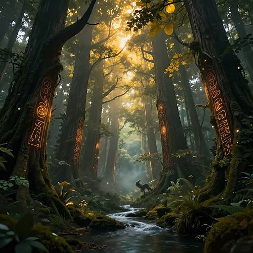 Digital fantasy artwork of a misty forest with glowing sunlight, towering trees adorned with glowing runes, ferns, and a small figure riding a horse across