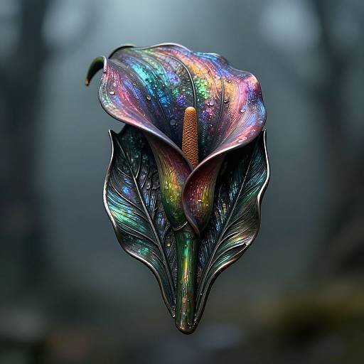 Hyper-realistic digital artwork of a vibrant, iridescent orchid with shimmering rainbow hues, set against a blurred, dark forest background.