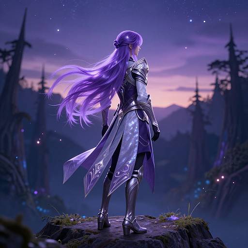 Digital art of a purple-haired woman in shining silver armor, standing on a rocky outcrop at twilight, with a starry, magical forest landscape in