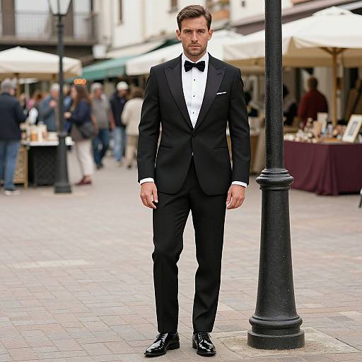 Photograph of a handsome man in a black tuxedo with a bow tie, standing on a cobblestone street by a black lamppost