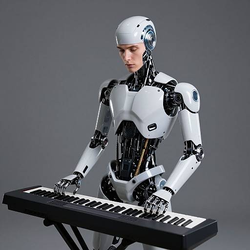 CGI image of a white and black humanoid robot playing a keyboard against a gray background, with a focused expression.