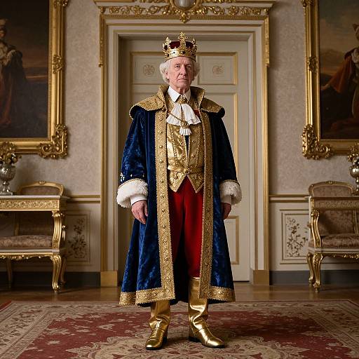 Elderly white man with white hair in regal royal attire, including blue velvet robe, gold crown, gold boots, standing in ornate,
