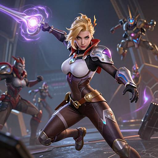 Digital artwork of a blonde, blue-eyed female warrior in futuristic armor, glowing purple energy in hand, battling robotic enemies in a dim, high-tech industrial