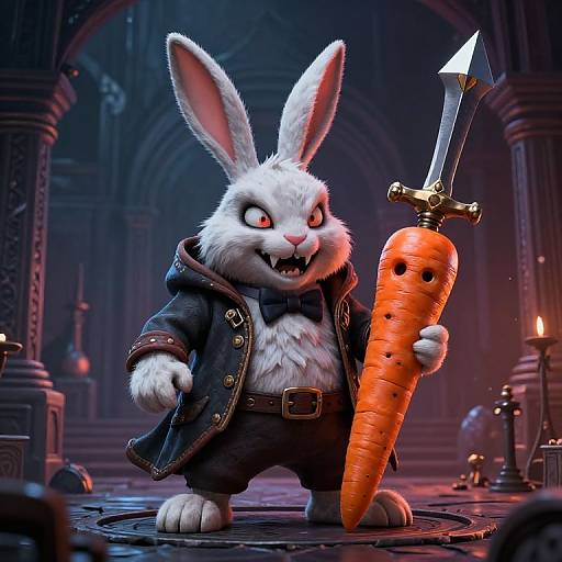 CGI image of a fierce white rabbit warrior with sharp teeth, holding a carrot sword with a blade, wearing a dark coat, in a dimly