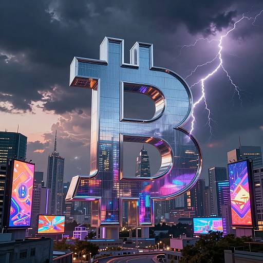 Digital artwork of a giant, reflective Bitcoin symbol towering over a neon-lit cityscape with lightning striking the stormy sky.