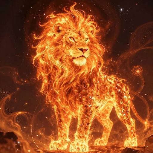 Digital artwork of a fiery lion with a vibrant, blazing mane and tail, standing on a glowing, rocky surface against a dark, starry background.