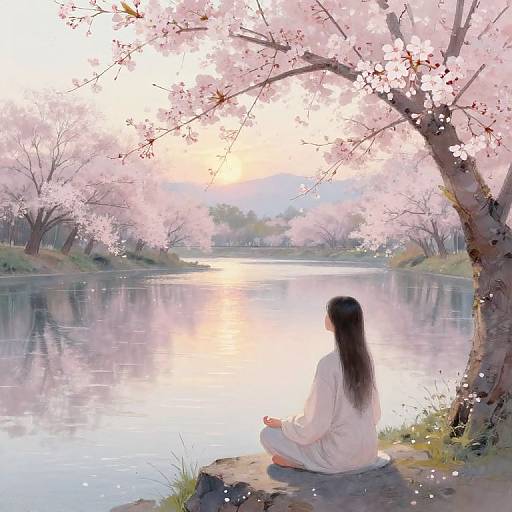 Serene Meditation by Cherry Blossom Lake
