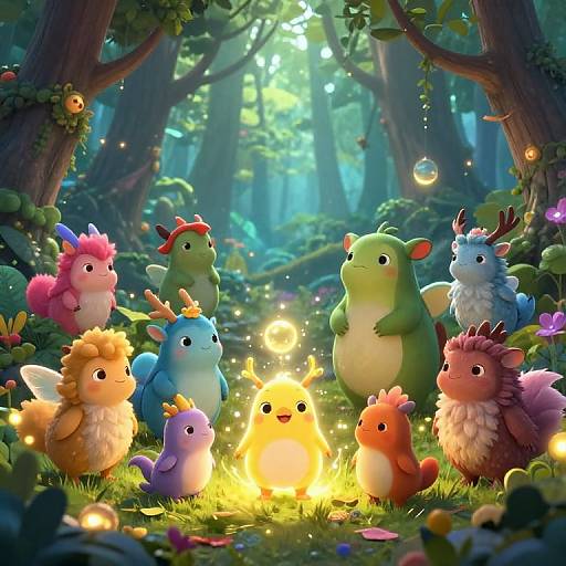 Digital illustration of adorable, colorful, fluffy forest creatures gathering around a glowing firefly in a magical, sunlit forest clearing.