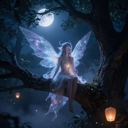 Digital fantasy artwork of a glowing fairy with translucent wings, sitting on a moonlit tree branch, surrounded by lanterns and stars.