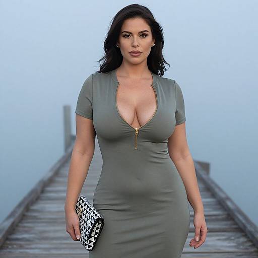 Photograph of a curvy woman with dark hair, wearing a deep V-neck gray dress, holding a black-and-white clutch, standing on a fog