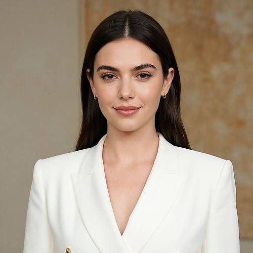 Photograph of a young woman with long dark brown hair, fair skin, and brown eyes, wearing a white blazer, smiling softly, against a