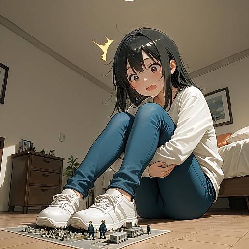 Surprised Giantess Girl Sitting Indoors