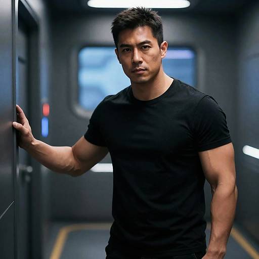 Muscular Man in Futuristic Hallway