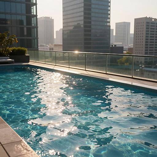 Photograph of a sunlit rooftop pool with sparkling blue water, surrounded by glass railings, and tall modern skyscrapers in the background.