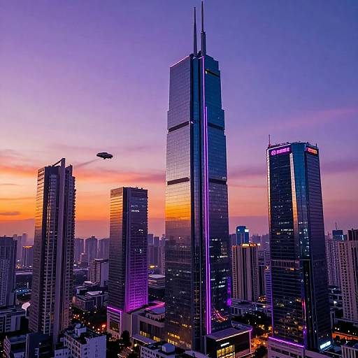 Photograph of a futuristic cityscape at dusk, featuring towering skyscrapers with neon purple lights, a UFO in the sky, and a vibrant orange