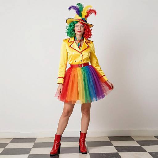 Woman in Colorful Circus Costume with Rainbow Tulle Skirt