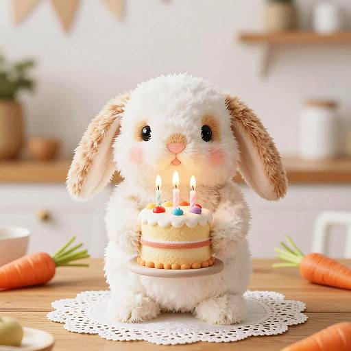 Fluffy Bunny Holding Birthday Cake