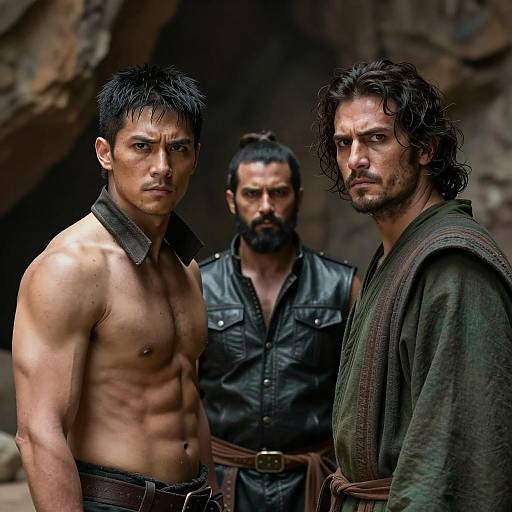 Dramatic Cave Setting with Three Men