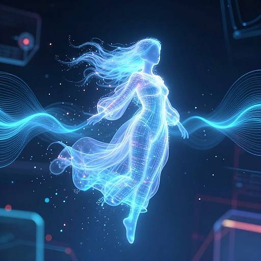 Digital artwork of a glowing, ethereal blue woman with flowing hair, floating in space, surrounded by neon waves and stars.