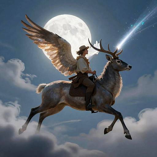 Minstrel Riding Winged Stag Under Moonlight