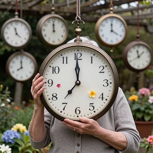 Photograph of an elderly woman holding a large vintage clock face, with multiple clocks in blurred garden background.