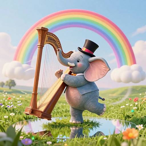 Cute cartoon elephant playing a golden harp in a grassy field, wearing a black top hat, with a vibrant rainbow in the blue sky background