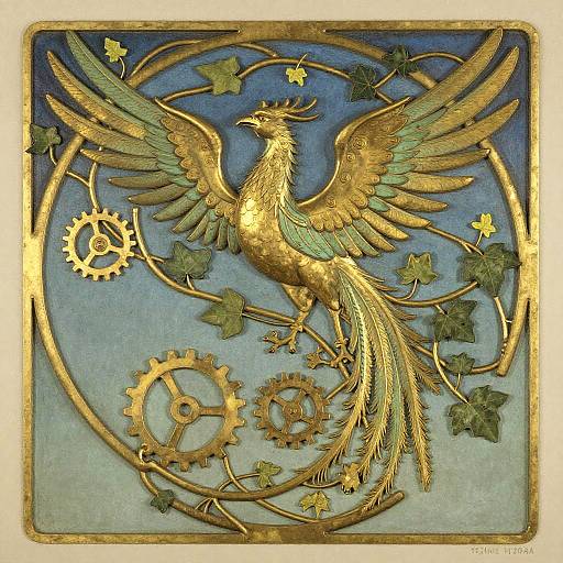 Art Nouveau Phoenix with Brass Gears and Ivy