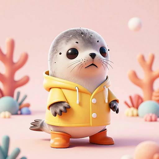 CGI image of a cute, chubby seal wearing a yellow hoodie and orange boots, standing on a coral reef background.
