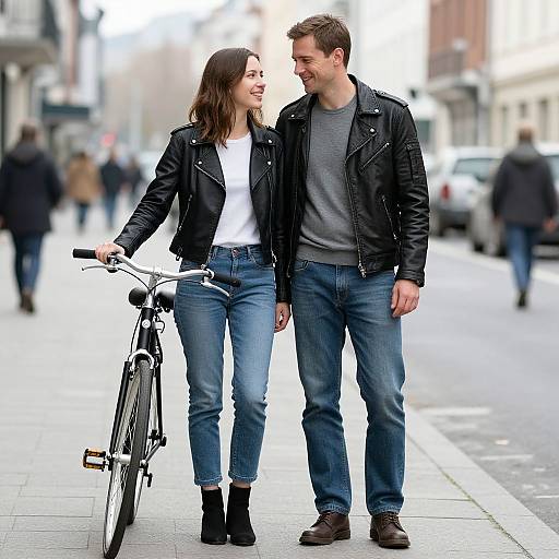 Photograph of a smiling couple walking on a city street, both wearing black leather jackets, jeans, and casual shoes, with the woman holding a bicycle