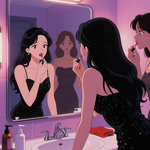 Anime Woman Applying Red Lipstick in Bathroom