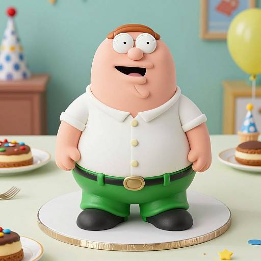 3D cartoon cake topper of a chubby, glasses-wearing man in a white shirt and green pants, standing on a table with birthday cakes and