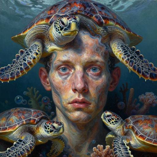 Surreal Deformed Portrait with Sea Turtles