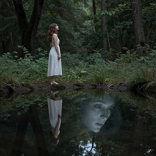 Photograph: A woman with long brown hair in a white dress stands by a reflective forest pond, her reflection mirroring her pensive face among dense