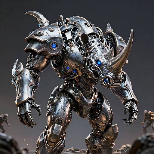 Photorealistic CGI of a futuristic, silver robotic warrior with blue glowing eyes and large, curved horns standing on a rocky landscape.