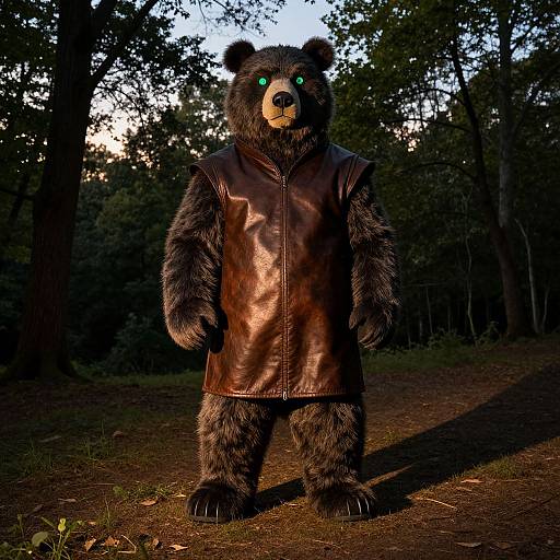 Photograph of a bear costume with dark brown fur, glowing green eyes, and a brown leather sleeveless vest, standing on a forest path at sunset