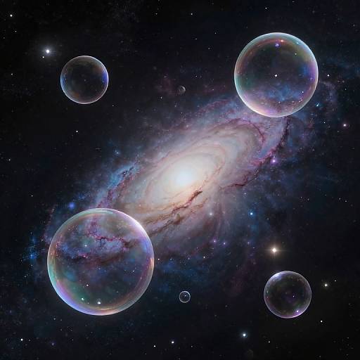 Digital artwork of a starry cosmos with a luminous spiral galaxy at center, surrounded by four iridescent bubbles floating in space.
