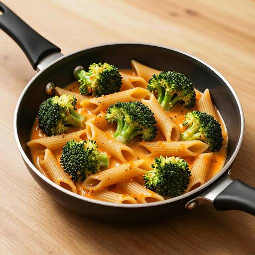 Photograph of a black skillet filled with penne pasta and broccoli florets in a creamy orange sauce, on a wooden table.