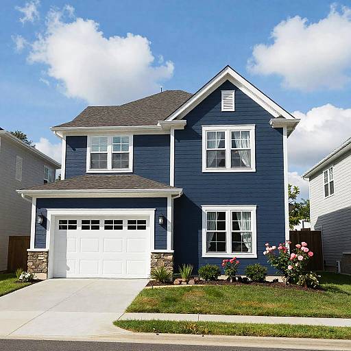 Photograph of a two-story, navy blue suburban house with white trim, gable roof, two windows, white garage door, and small flower garden