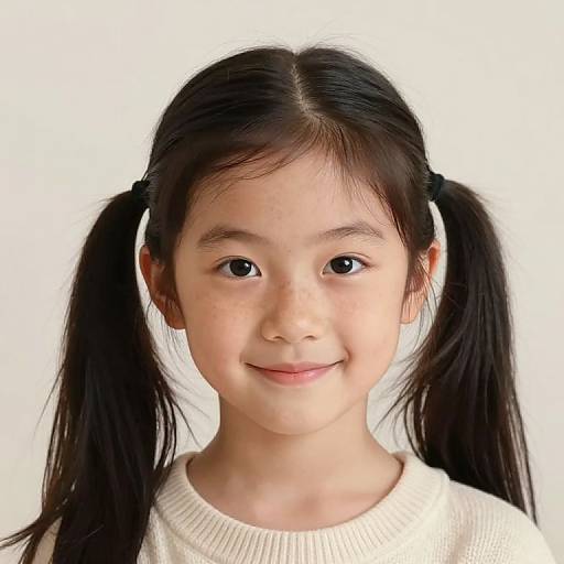 Photograph of a young Asian girl with fair skin, black pigtails, large brown eyes, and a slight smile, wearing a white sweater against