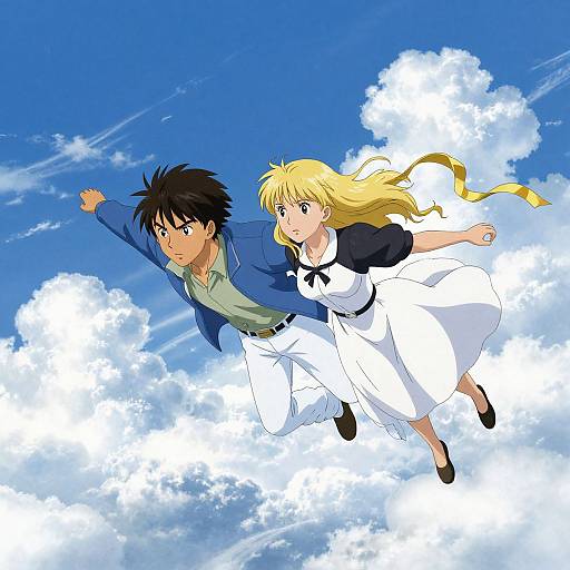 Anime-style illustration of a black-haired boy and blonde girl in school uniforms flying through a bright blue sky with fluffy white clouds.