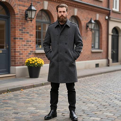 Confident Man on Cobblestone Street